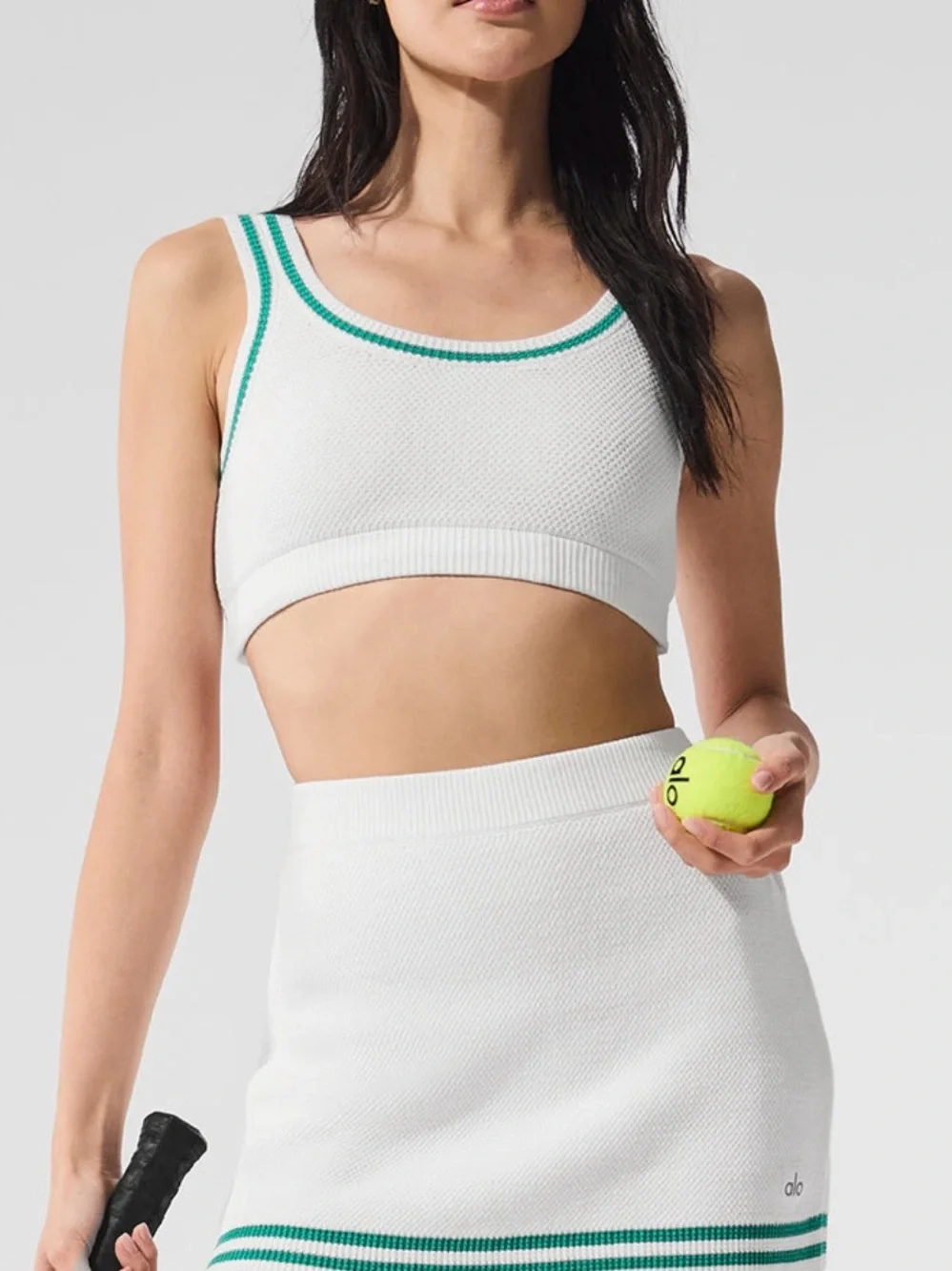 ALO NWT Tennis Club Knit White Mini Skirt skort with Green Double Stripe small